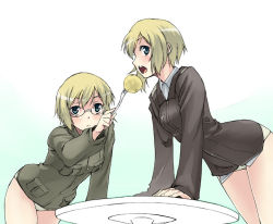 Rule 34 | 2girls, :&lt;, blonde hair, erica hartmann, feeding, female focus, glasses, looking back, multiple girls, open mouth, panties, satou atsuki, short hair, siblings, simple background, sisters, strike witches, strike witches: suomus misfits squadron, twins, underwear, ursula hartmann, world witches series