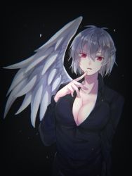 Rule 34 | 1girl, black background, black shirt, braid, breasts, cleavage, dress shirt, feathered wings, kagaribino, kishin sagume, large breasts, long sleeves, looking at viewer, red eyes, shirt, short hair, simple background, single wing, solo, touhou, upper body, white hair, white wings, wing collar, wings