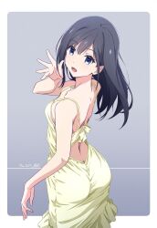 Rule 34 | 1girl, back, black hair, blue eyes, breasts, collarbone, commentary request, dated, dress, from behind, gradient background, grey background, highres, looking at viewer, medium breasts, medium hair, monai-chan (nii manabu), nii manabu, open mouth, original, signature, sleeveless, sleeveless dress, solo, yellow dress