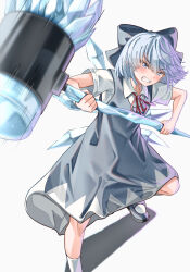 Rule 34 | 1girl, absurdres, blue bow, blue dress, blue eyes, blue hair, blush, bow, cirno, clenched teeth, collared shirt, commentary, commission, dress, fairy, fighting stance, foot out of frame, hair between eyes, hair bow, hammer, highres, holding, holding hammer, ice, ice wings, incoming attack, looking at viewer, mahoro (minase mahoro), motion blur, motion lines, neck ribbon, red ribbon, ribbon, shirt, short hair, short sleeves, simple background, skeb commission, sleeveless, sleeveless dress, solo, standing, teeth, touhou, v-shaped eyebrows, white background, white shirt, wings