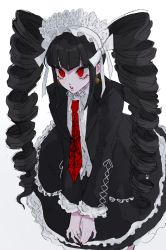 Rule 34 | 1girl, black hair, black jacket, black nails, black skirt, celestia ludenberg, center frills, danganronpa: trigger happy havoc, danganronpa (series), drill hair, earrings, frills, grey background, headdress, highres, jacket, jewelry, layered skirt, lolita fashion, long hair, long sleeves, nail polish, necktie, necktie print, open clothes, open jacket, own hands together, pale skin, parted lips, red eyes, red necktie, simple background, skirt, tabo (aoiaoi susu), twin drills