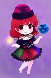 Rule 34 | 1girl, :d, bad id, bad twitter id, barefoot, blush, breasts, chain, chibi, collar, hecatia lapislazuli, highres, looking at viewer, medium breasts, multicolored clothes, multicolored skirt, off-shoulder shirt, off shoulder, open mouth, plump, red eyes, red hair, rei (tonbo0430), shirt, skirt, smile, solo, touhou