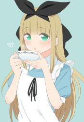 Rule 34 | 1girl, apron, bad id, bad pixiv id, black bow, black ribbon, blonde hair, blue dress, bow, collared dress, commentary request, cup, dress, green background, green eyes, hair bow, hair ribbon, heart, highres, holding, holding cup, long hair, maid apron, mashimaru (muzikluva), mononobe alice, mononobe alice (1st costume), nijisanji, puffy short sleeves, puffy sleeves, ribbon, short sleeves, sidelocks, simple background, solo, teacup, upper body, very long hair, virtual youtuber, white apron