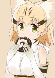 Rule 34 | 10s, 1girl, animal ears, bad id, bad pixiv id, blonde hair, breasts, cat ears, cccpo, elbow gloves, food, gloves, japari bun, kemono friends, large breasts, looking at viewer, parted lips, sand cat (kemono friends), short hair, sleeveless, solo, upper body, yellow eyes