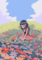 Rule 34 | 1girl, bare shoulders, black legwear, black shirt, blue eyes, blue flower, blue hair, blue sky, boots, cloud, creatures (company), dawn (pokemon), field, flower, flower field, food, game freak, gen 4 pokemon, grass, hair ornament, hairclip, highres, hinann bot, holding, holding food, kneeling, legendary pokemon, looking at another, mythical pokemon, nintendo, pink footwear, pink skirt, poffin, pokemon, pokemon (creature), pokemon dppt, purple flower, red flower, red scarf, scarf, shaymin, shaymin (land), shirt, skirt, sky, socks, yellow flower