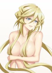 Rule 34 | 1girl, aged up, blonde hair, blue eyes, breasts, carol malus dienheim, cleavage, collarbone, convenient censoring, hair censor, hair over breasts, highres, large breasts, long hair, looking at viewer, miyumitu rsm, mole, mole under eye, nude, parted lips, senki zesshou symphogear, shiny skin, smile, solo, upper body, very long hair