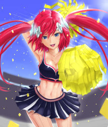 Rule 34 | 10s, 1girl, android, armpits, blue eyes, breasts, cardfight!! vanguard, chair, cheer girl tiara, cheerleader, cleavage, cybernetic, hair ornament, highres, lens flare, long hair, looking at viewer, midriff, miniskirt, navel, pink hair, pleated skirt, pom pom (cheerleading), red hair, saty-rokuji, science fiction, skirt, smile, solo, spike brothers, stadium, sweat, tank top, twintails