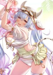 Rule 34 | 1girl, absurdres, animal ears, bikini, bikini bottom only, blue hair, blush, bracelet, cameltoe, catura (granblue fantasy), commission, cow ears, cow tail, draph, extra ears, fake animal ears, fake horns, front-tie top, goggles, granblue fantasy, highres, horned headwear, horns, innertube, jewelry, kamishiro mai (capti-no), leaning forward, long hair, looking at viewer, nail polish, narrow waist, overskirt, red eyes, shirt, skeb commission, skindentation, smile, solo, swim ring, swimsuit, tail, thighhighs, tied shirt, very long hair, white bikini, white thighhighs, wide hips