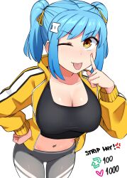 Rule 34 | 1girl, absurdres, black shirt, blue hair, breasts, cleavage, collarbone, cowboy shot, crop top, from above, grey pants, hair ornament, highres, ii (peps art), jacket, large breasts, leaning forward, looking at viewer, meme, navel, navel piercing, one eye closed, original, pants, peps art, piercing, shirt, short twintails, sidelocks, simple background, solo, swept bangs, taut clothes, taut shirt, tight clothes, tight pants, tongue, tongue out, track jacket, twintails, twitter strip game (meme), white background, yellow eyes, yellow jacket