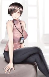 Rule 34 | 1girl, arm support, arms at sides, bare arms, bare shoulders, black pants, breasts, brown hair, crossed legs, cushion, eyes visible through hair, facing viewer, feet out of frame, hair over one eye, highres, id card, indoors, lanyard, large breasts, lips, looking at viewer, norman maggot, office lady, olive laurentia, original, pants, parted lips, pink sweater, pixie cut, red eyes, ribbed sweater, short hair, sitting, sketch, sleeveless, sleeveless sweater, smile, solo, sweater, tight clothes, tight pants, turtleneck, turtleneck sweater