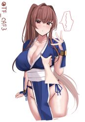 Rule 34 | 1girl, arm guards, blush, breasts, brown eyes, brown hair, choker, cleavage, cosplay, dead or alive, disembodied hand, grabbing, grabbing another&#039;s breast, highres, japanese clothes, kantai collection, kasumi (doa), kasumi (doa) (cosplay), large breasts, long hair, looking at viewer, ninja, panties, pelvic curtain, ponytail, sash, shin guards, side-tie panties, solo, standing, tf cafe, thighhighs, underwear, very long hair, white choker, white thighhighs, yamato (battleship), yamato (kancolle)