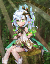Rule 34 | 1girl, 3d background, absurdres, bloomers, blurry, bracelet, cape, commentary request, crystalfly (genshin impact), depth of field, detached sleeves, dress, forest, genshin impact, gradient hair, green eyes, hair between eyes, hair ornament, highres, jewelry, knees together feet apart, long hair, looking at viewer, m172/minatsu, multicolored hair, nahida (genshin impact), nature, pointy ears, short sleeves, side ponytail, sidelocks, sitting on tree stump, smile, solo, symbol-shaped pupils, tree, underwear, white dress, white hair
