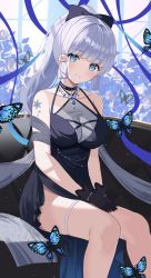 Rule 34 | 1girl, absurdres, alternate costume, arm tattoo, ayaka (genshin impact), bare legs, bare shoulders, black bow, black choker, black dress, black gloves, blue butterfly, blue eyes, blue gemstone, blue ribbon, blunt tresses, blush, bow, breasts, bug, butterfly, choker, cleavage, commentary request, criss-cross halter, dress, feet out of frame, flower knot, gem, genshin impact, gloves, hair bow, hair ribbon, halter dress, halterneck, hands on own thighs, highres, insect, jewelry, large breasts, looking at viewer, parted lips, pendant, ponytail, rererere mon, ribbon, see-through, see-through cleavage, side slit, silver chain, sitting, smile, solo, tattoo, thigh strap, thighs, tress ribbon, white hair