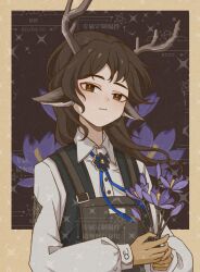 Rule 34 | animal ears, antlers, apron, arknights, black vest, brown apron, brown eyes, brown hair, character request, closed mouth, collared shirt, commentary request, dress shirt, floral background, flower, highres, holding, holding flower, horns, long hair, long sleeves, looking at viewer, puffy long sleeves, puffy sleeves, purple flower, shirt, shishuo301, thick eyebrows, upper body, vest, watermark, white shirt