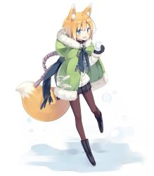 Rule 34 | 1girl, animal ear fluff, animal ears, blonde hair, blue eyes, boots, cloak, cross-laced footwear, fox ears, fox tail, full body, fur trim, holding, hood, hood down, hooded cloak, jacket, lace-up boots, looking at viewer, mittens, open mouth, original, pantyhose, poco (asahi age), scarf, shiratama kitsune, short hair, snowball, solo, tail, white background