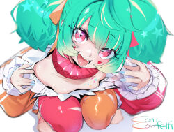 Rule 34 | 1girl, :d, bare shoulders, blue nails, blush, bow, breasts, character name, clown, collarbone, commentary, coni confetti, facial mark, frilled sleeves, frills, from above, gradient hair, green hair, hair between eyes, hair ribbon, hands up, head tilt, highres, idol corp, jacket, long sleeves, looking at viewer, multicolored clothes, multicolored hair, multicolored jacket, multicolored legwear, neck ruff, no shoes, open mouth, orange bow, orange jacket, orange pantyhose, pantyhose, pink eyes, puffy long sleeves, puffy sleeves, red bow, red jacket, red pantyhose, ribbon, sharp teeth, short hair, short twintails, sidelocks, simple background, small breasts, smile, solo, squatting, stirrup legwear, teeth, thighs, toeless legwear, tongue, tongue out, torn clothes, torn pantyhose, twintails, upper teeth only, utsusumi kio, virtual youtuber, white background
