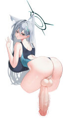 Rule 34 | 1futa, absurdres, against wall, animal ear fluff, animal ears, ass, back cutout, blue archive, breasts, cleft of venus, clothing cutout, cropped legs, cross hair ornament, erection, full-package futanari, futanari, grey hair, hair ornament, halo, highres, huge breasts, huge penis, invisible wall, large testicles, looking back, open mouth, penis, pussy, shiroko (blue archive), shiroko (swimsuit) (blue archive), shiroko terror (blue archive), simple background, simsim han-u, solo, testicles, twitching penis, two-tone one-piece swimsuit, uncensored, veins, veiny penis, white background, wolf ears