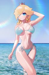 Rule 34 | 1girl, absurdres, aqua bikini, ass, bare shoulders, bikini, blonde hair, blue eyes, blue sky, blush, breasts, commentary, cookiedusty, crown, curvy, dress, earrings, english commentary, hair over one eye, highres, jewelry, large breasts, lips, long hair, looking back, mario (series), mini crown, nintendo, no legwear, ocean, partially submerged, rosalina, sky, smile, solo, star (symbol), star earrings, summer, super mario galaxy, swimsuit, thighs, underwear, white background