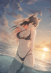 Rule 34 | 1girl, absurdres, animal ears, arknights, arm behind back, armband, bikini, black bikini, black hair, breasts, cloud, cloudy sky, full body, highres, in water, knight fault, large breasts, long hair, looking at viewer, ocean, red hair, sky, solo, standing, sunrise, swimsuit, tail, texas (arknights), wolf ears, wolf girl, wolf tail, yellow eyes