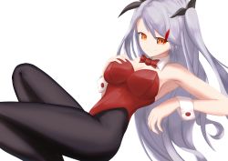 Rule 34 | 1girl, azur lane, bare shoulders, black bow, bow, breasts, cleavage, detached collar, gure (gure5532), hand on own chest, highres, leotard, long hair, looking at viewer, orange eyes, pantyhose, prinz eugen (azur lane), red bow, red leotard, silver hair, simple background, solo, strapless, strapless leotard, white background, wrist cuffs