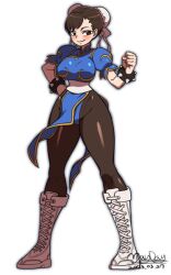 Rule 34 | 1girl, absurdres, blush, boots, bracelet, breasts, brown eyes, brown hair, bun cover, capcom, china dress, chinese clothes, chun-li, clenched hand, closed mouth, cross-laced footwear, double bun, dress, full body, hair bun, highres, jewelry, large breasts, maydaykiki, pantyhose, puffy sleeves, simple background, smile, solo, spiked bracelet, spikes, standing, street fighter, white background, white footwear, wide hips