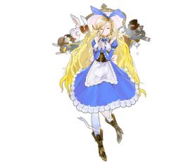 Rule 34 | 1girl, alice (ark order), animal ears, apron, ark order, asymmetrical legwear, back bow, bandaged leg, bandages, blonde hair, blue bow, blue dress, book, boots, bow, bowtie, braid, brown footwear, cat, center frills, closed eyes, closed mouth, corset, crown, cup, dress, dual wielding, earrings, fake animal ears, fire, food, frilled dress, frills, full body, hat, holding, holding sword, holding weapon, jewelry, juliet sleeves, long hair, long sleeves, mini crown, mismatched legwear, monocle, official art, pantyhose, pocket watch, pppppan, puffy sleeves, rabbit, rabbit ears, shirt, skirt, smile, solo, spade (shape), striped clothes, striped legwear, striped pantyhose, sword, tachi-e, top hat, transparent background, vertical-striped clothes, vertical-striped legwear, vertical-striped pantyhose, very long hair, watch, weapon, white apron, white bow, white shirt