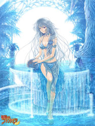 Rule 34 | 1girl, anklet, armlet, bare legs, barefoot, beads, bikini, blue theme, facial mark, flower, fountain, gourd, jewelry, long hair, mugen no fantasia, necklace, non-web source, pillar, silver hair, skirt, soaking feet, solo, suzusato youshi, swimsuit, tattoo, tree, very long hair, wading, water