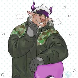 Rule 34 | 1boy, adjusting clothes, alternate costume, animal ears, bara, black gloves, breath, brown fur, camouflage, commentary request, cow ears, cow horns, facial hair, furry, furry male, gloves, goatee, goggles, goggles on head, green jacket, grin, highres, hood, hooded jacket, horns, ichimasu (1ichimasu), jacket, looking at viewer, male focus, minotaur, one eye closed, polka dot, polka dot background, purple horns, shennong (housamo), short hair, signature, ski goggles, smile, snowboard, snowing, solo, tokyo houkago summoners, upper body, white background, white hair