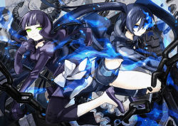 Rule 34 | 10s, 2girls, absurdres, arm cannon, black hair, black rock shooter, black rock shooter (character), blue eyes, boots, bow, chain, choker, claws, coat, dead master, gloves, glowing, glowing eye, green eyes, gun, haruo (clownberry), highres, horns, long hair, midriff, multiple girls, purple hair, ribbon, scythe, serious, shoes, shorts, smile, star (symbol), twintails, weapon
