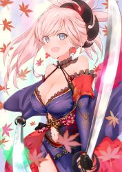 Rule 34 | &gt;:), 1girl, asymmetrical hair, autumn leaves, blue eyes, blush, breasts, detached sleeves, earrings, fate/grand order, fate (series), hair ornament, highres, japanese clothes, jewelry, katana, kimono, large breasts, leaf, looking at viewer, midriff, miyamoto musashi (fate), miyamoto musashi (third ascension) (fate), navel, pink hair, ponytail, sash, solo, sword, v-shaped eyebrows, wakutsu, weapon