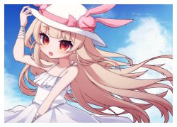 Rule 34 | &gt; &lt;, 1girl, :d, bandaged arm, bandages, bare shoulders, blue sky, bow, brown hair, cloud, cloudy sky, commentary request, day, dress, fang, floating hair, frilled dress, frills, hair bow, hat, highres, long hair, looking at viewer, natori sana, open mouth, outdoors, pink bow, red eyes, rensei, sana channel, sky, sleeveless, sleeveless dress, smile, solo, sun hat, sundress, very long hair, virtual youtuber, white dress, white hat
