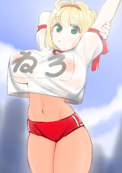 Rule 34 | 1girl, absurdres, ahoge, arms up, blonde hair, blue sky, blurry, blurry background, blush, braid, breasts, buruma, covered erect nipples, crop top, crop top overhang, cropped shirt, fate/grand order, fate (series), french braid, green eyes, gym shirt, hair bun, hair intakes, hair ribbon, highres, jikuyuki (ysesst96262), large breasts, long hair, looking at viewer, name tag, navel, nero claudius (fate), nero claudius (fate) (all), nero claudius (olympian bloomers) (fate), red buruma, red ribbon, ribbon, shirt, short sleeves, sky, solo, thighs, white shirt