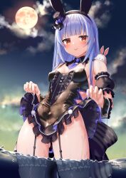 Rule 34 | 1girl, animal ears, bare shoulders, black dress, black necktie, black skirt, blue hair, blush, closed mouth, clothes lift, detached collar, detached sleeves, dress, fake animal ears, faubynet, fishnet thighhighs, fishnets, garter straps, hat, highres, hololive, lifted by self, long hair, looking at viewer, mini hat, multicolored hair, necktie, orange eyes, partially submerged, pleated skirt, puffy short sleeves, puffy sleeves, rabbit, rabbit-shaped pupils, rabbit ears, rabbit girl, short eyebrows, short sleeves, skirt, skirt lift, smile, solo, standing, straight hair, streaked hair, symbol-shaped pupils, thick eyebrows, thighhighs, tongue, tongue out, top hat, two-tone hair, usada pekora, usada pekora (furi furi bunny dress), virtual youtuber, wading, water, wet, white hair