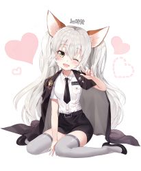Rule 34 | 1girl, ;d, animal ears, artist request, between legs, blush, dress shirt, elin, full body, glint, grey hair, grey thighhighs, hand between legs, head tilt, heart, heart background, high heels, highres, jacket, long hair, m/, necktie, non-web source, one eye closed, open clothes, open jacket, open mouth, pencil skirt, police, police uniform, shirt, shoes, sitting, skirt, smile, solo, sparkle, tera online, thighhighs, twintails, uniform, very long hair, wariza, white background, yellow eyes