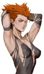 Rule 34 | 1girl, absurdres, armpits, arms behind head, arms up, bad id, bad twitter id, black bodysuit, blush, bodysuit, breasts, breasts apart, clenched teeth, colored sclera, covered erect nipples, dudlesnoodles, eyebrows, eyelashes, garou (one-punch man), genderswap, genderswap (mtf), highres, looking at viewer, medium breasts, one-punch man, orange hair, orange sclera, pointy hair, scar, scar on face, simple background, solo, teeth, torn clothes, upper body, white background, yellow eyes