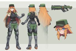 Rule 34 | 1girl, bare shoulders, black gloves, black shirt, blue eyes, breasts, brown eyes, brown hair, closed mouth, commentary, commission, difman, flat cap, gloves, green headwear, green pants, grey background, gun, hair between eyes, hat, heterochromia, highres, light frown, long hair, mechanical arms, medium breasts, multiple views, original, pants, partially fingerless gloves, shirt, single mechanical arm, sleeveless, sleeveless shirt, two-tone background, very long hair, weapon, weapon request, x-ray