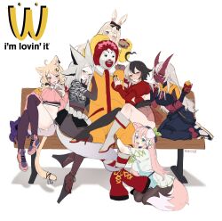 Rule 34 | 1boy, 6+girls, absurdres, ahoge, akumi (yoclesh), animal ears, artist name, bandaid, bandaid on face, bench, black hair, blonde hair, blue eyes, blush, boots, bow, breasts, brown eyes, burger, cat ears, cat girl, cat tail, colored skin, commentary, dyarikku (vtuber), english commentary, fang, food, full body, grey eyes, grey hair, hair bow, high heel boots, high heels, highres, horns, hugging another&#039;s leg, long hair, long sleeves, looking at viewer, mcdonald&#039;s, medium breasts, momote, momote (vtuber), multiple girls, one eye closed, oni, oni horns, open mouth, pantyhose, pink hair, rabbit ears, rabbit girl, red eyes, red hair, red skin, ronald mcdonald, second-party source, short hair, shyrei faolan, simple background, sitting, tail, tongue, tongue out, virtual youtuber, vyugen, watermark, white background, yenko (vtuber), yuniiho (vtuber)