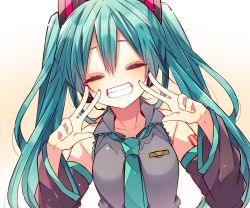 Rule 34 | 1girl, blue hair, blush, closed eyes, collared shirt, detached sleeves, double v, facing viewer, grin, hair ornament, hands up, hatsune miku, highres, kaho 0102, long hair, long sleeves, necktie, shirt, sleeveless, sleeveless shirt, smile, solo, twintails, v, vocaloid