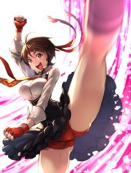 Rule 34 | 1girl, ahoge, arm up, blurry, breasts, brown eyes, brown hair, clenched hands, commentary request, depth of field, fingerless gloves, gloves, headband, high-waist skirt, kasugano sakura, kicking, leg up, long sleeves, looking at viewer, matsumoto tomoyohi, necktie, open mouth, petals, pov, shirt, shorts, shorts under skirt, skirt, smile, solo, street fighter, street fighter v, white background, white shirt