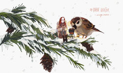 Rule 34 | 1girl, animal, artist name, bird, boots, brown footwear, cauldron, coat, commentary, cup, dated, english commentary, english text, eurasian tree sparrow, fur trim, highres, holding, holding cup, in tree, lantern, large forehead, mini person, minigirl, original, pale skin, pine tree, pinecone, red hair, sitting, sitting in tree, skirt, smile, snow, snowing, solid circle pupils, sparrow, tree, winter, xi zhang, yellow eyes