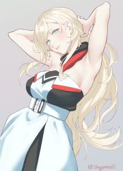 Rule 34 | 1girl, armpits, arms behind head, blonde hair, blue eyes, blush, breasts, commentary request, dress, grey background, highres, kantai collection, large breasts, light smile, lips, long hair, looking at viewer, mole, mole under eye, mole under mouth, parted lips, richelieu (kancolle), shingyou (alexander-13), simple background, solo, strapless, strapless dress, twitter username, two-tone dress, upper body, white dress
