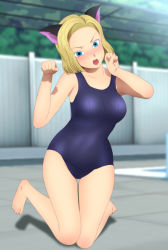 Rule 34 | 1girl, absurdres, android 18, animal ears, barefoot, blonde hair, blue eyes, blush, breasts, cat ears, dragon ball, dragonball z, earrings, fake animal ears, feet, female focus, full body, highres, jewelry, kneeling, large breasts, legs, looking at viewer, open mouth, paw pose, pool, shadow, short hair, shueisha, solo, swimsuit, thighs, toes, yadokari genpachirou
