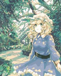 Rule 34 | 1girl, belt, black belt, blonde hair, collared dress, commentary, dress, forest, frilled dress, frills, green eyes, hat, highres, long sleeves, maribel hearn, medium hair, mob cap, nature, open mouth, puffy long sleeves, puffy sleeves, purple dress, scenery, solo, touhou, tree, wasabisuke, wavy hair, white hat