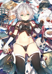 Rule 34 | 1girl, absurdres, bandaged arm, bandages, bird, black panties, black thighhighs, breasts, crow, dagger, facial scar, fate/apocrypha, fate/grand order, fate (series), flower, food, gloves, gluteal fold, green eyes, hair between eyes, highres, jack the ripper (fate/apocrypha), knife, lantern, looking at viewer, lowleg, lowleg panties, lying, meat, on back, panties, rose, scan, scar, scar across eye, scar on cheek, scar on face, short hair, shoulder tattoo, silver hair, single glove, skull, small breasts, solo, steak, stomach, sune (mugendai), tattoo, thighhighs, underwear, weapon, white flower, white rose