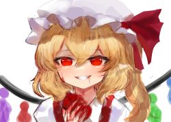 Rule 34 | 1girl, bad id, bad pixiv id, blonde hair, blood, blood on face, blood on hands, bow, commentary request, crystal, dokomon, flandre scarlet, grin, hair between eyes, hat, hat bow, highres, holding, korean commentary, long hair, mob cap, one side up, puffy sleeves, red bow, red eyes, shirt, simple background, sketch, smile, solo, touhou, upper body, white background, white hat, white shirt, wings