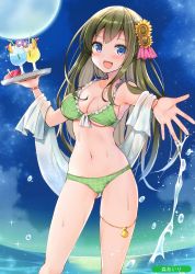 Rule 34 | 1girl, :d, absurdres, armpits, bare arms, bare shoulders, bikini, blue eyes, blush, cloud, cup, drinking glass, drinking straw, flower, full moon, gluteal fold, green bikini, green hair, hair flower, hair ornament, hibiscus, highres, holding, holding tray, horizon, long hair, looking at viewer, melonbooks, moon, mori airi, navel, night, night sky, ocean, open mouth, outstretched arm, pink ribbon, purple flower, red flower, ribbon, scan, sky, smile, solo, standing, sunflower, swimsuit, towel, tray, tropical drink, yellow flower