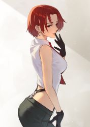 Rule 34 | 1girl, absurdres, ass, bare shoulders, biting, black gloves, breasts, glove biting, gloves, hara kenshi, highres, lipstick, makeup, mature female, midriff, mature female, mouth hold, necktie, red eyes, red hair, short hair, sleeveless, snk, solo, suspenders, the king of fighters, vanessa (kof)