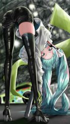 Rule 34 | 1girl, aqua eyes, aqua hair, ass, asymmetrical legwear, bent over, black bodysuit, black thighhighs, blurry, blurry background, blush, bodysuit, car, commentary, cropped jacket, flag, gloves, hatsune miku, highres, jacket, latex, latex bodysuit, long hair, looking at viewer, motor vehicle, race vehicle, racecar, racing miku, racing miku (2022), shirubaa, single thighhigh, skindentation, solo, spotlight, standing, stretching, thighhighs, tight clothes, twintails, very long hair, vocaloid, white jacket