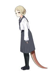 Rule 34 | 1girl, alternate costume, arms at sides, black footwear, black neckerchief, black pantyhose, black sailor collar, black skirt, blonde hair, blush, braid, braided hair rings, brown eyes, closed mouth, contemporary, elden ring, female focus, flat chest, from side, full body, hair rings, half-closed eyes, highres, leaning forward, lizard tail, long sleeves, looking at viewer, mole, mole under mouth, neckerchief, pantyhose, parted bangs, pleated skirt, reptile girl, rya (elden ring), sailor collar, school uniform, serafuku, shirt, shoes, short hair, simple background, skirt, sky-freedom, solo, spoilers, standing, tail, white background, white shirt