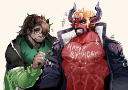 Rule 34 | 2boys, abs, absurdres, another eidos-r, bara, bare pectorals, beard, black hair, body writing, character request, colored skin, crossover, demon boy, facial hair, full beard, furry, furry male, happy birthday, highres, huge eyebrows, jacket, large pectorals, laughing, male focus, mature male, multiple boys, muscular, muscular male, mustache, navel, nipples, open clothes, open jacket, paintbrush, pectorals, ppyong, red skin, satan (another eidos), short hair, teeth, thick mustache, tokyo houkago summoners, upper body